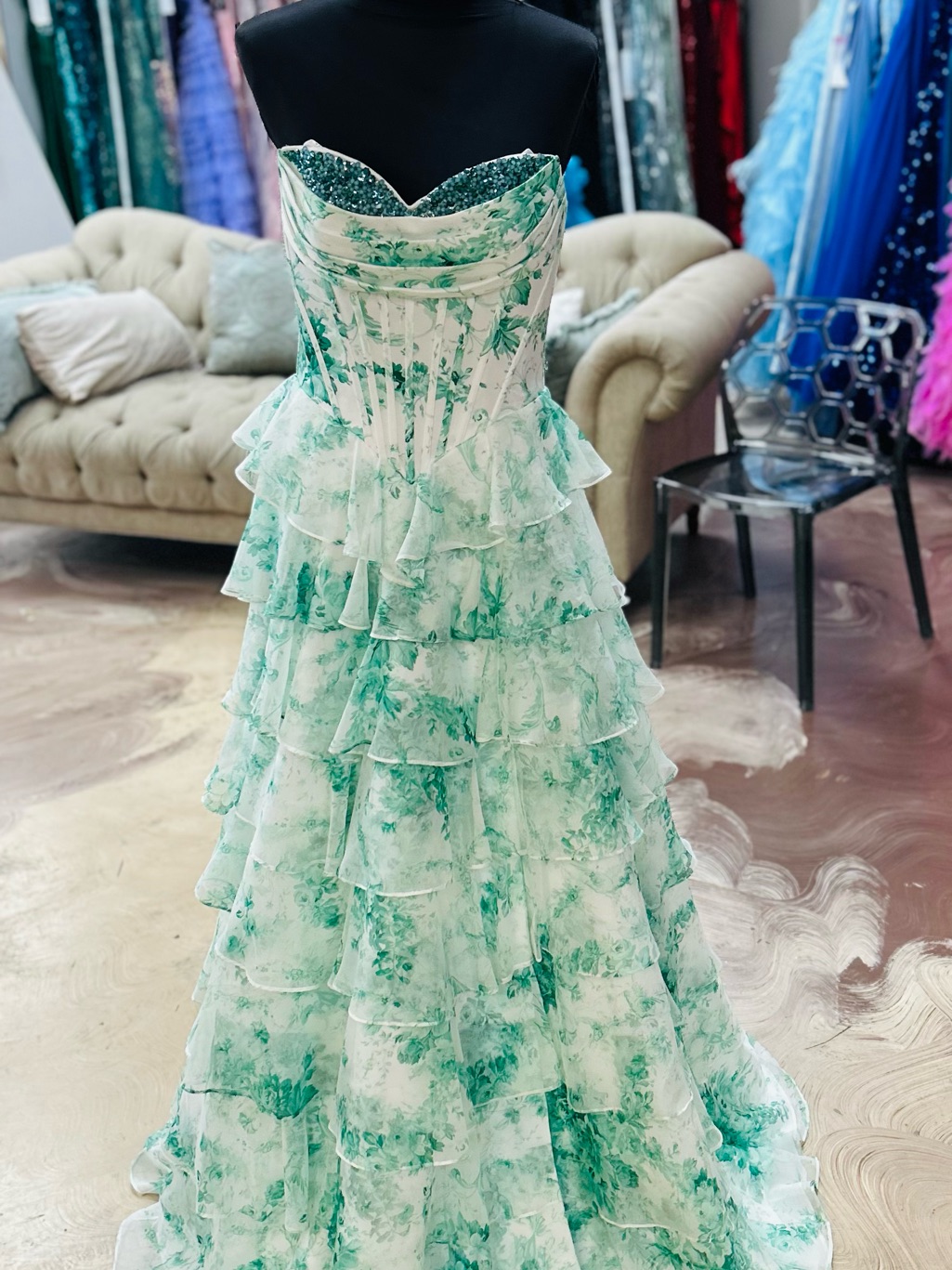 Alyce Paris Green And White Strapless Ruffled Prom Dress
